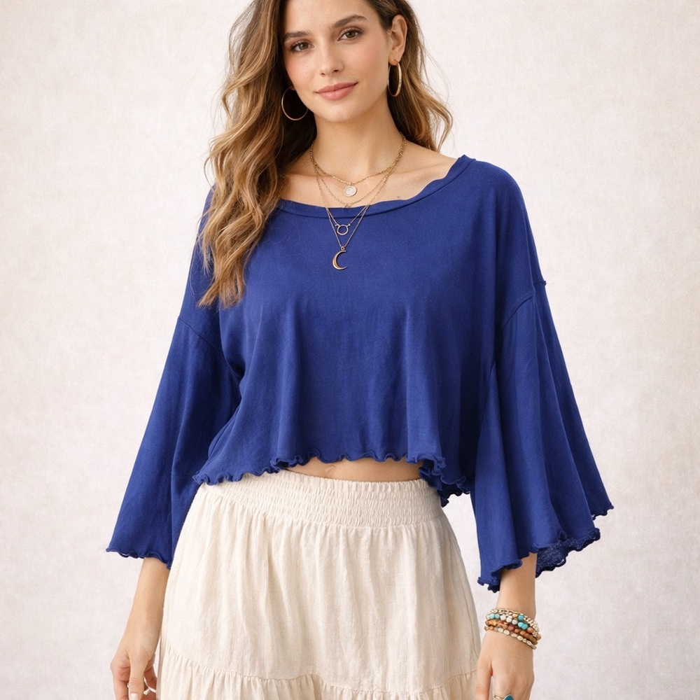FREE PEOPLE BIRD GANG BLUE CROPPED OVERSIZED TEE SIZE LARGE NWT